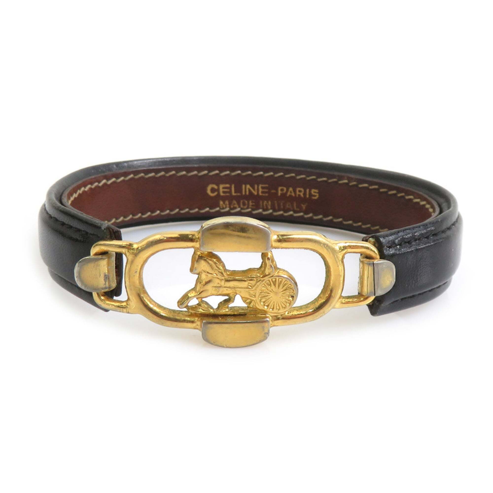 Celine Celine Bracelet Leather Metal Black Gold Women's E61740a